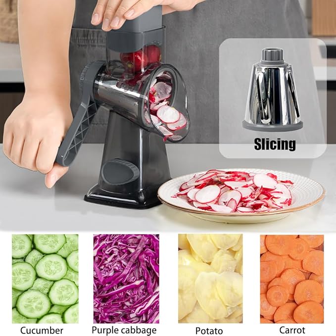 Rotary Cheese Grater Shredder with Handle Handheld Round Mandoline Vegetable Slicer Carrot Shredder Nut Grinder with 3 Replaceable Stainless Steel Drum Blades and Upgrade Strong Suction, Dark Grey