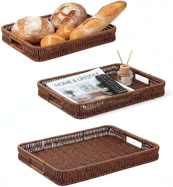 3pcs Rectangular Serving Tray with Handles, Decorative Wicker Organizer Baskets Storage Tray for Coffee Table, Bread, Fruit, Snacks, Centerpiece Decor