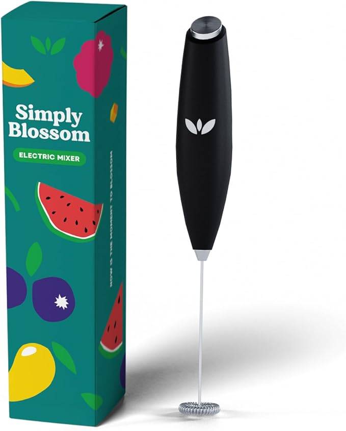 Simply Blossom - Milk Frother - Electric Handheld Mixer & Drink Stirrer – Frothing Wand for Greens, Coffee, Matcha, Protein – Stainless Steel, Battery Operated