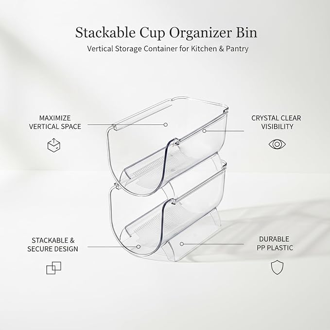 Clear Stackable Cup Organizer Bin, Vertical Storage Container for Kitchen Cabinets & Pantry, Durable PP Plastic