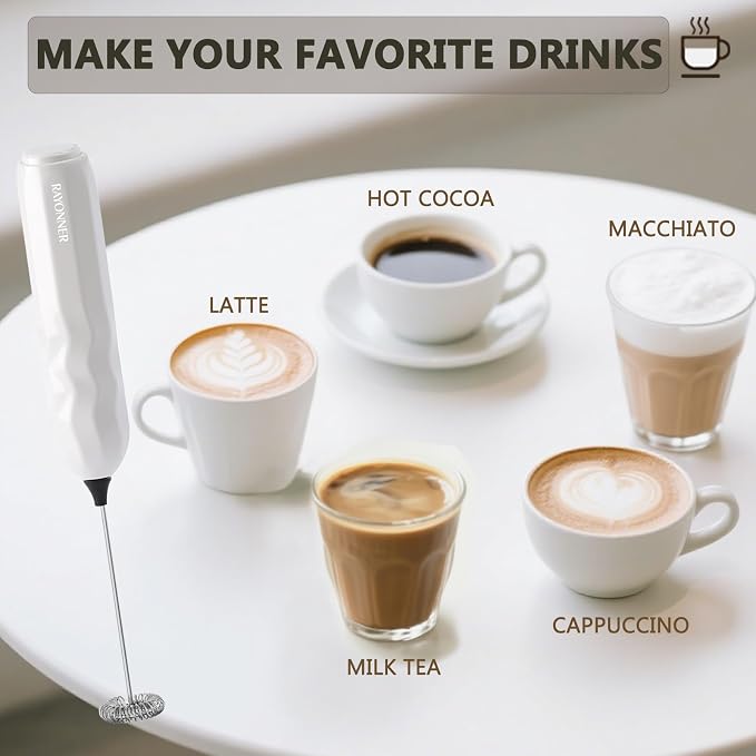 RAYONNER Milk Frother Handheld Fast Powerful Drink Mixer with Stainless Steel Whisk for Coffee (2Pack White with Stand)