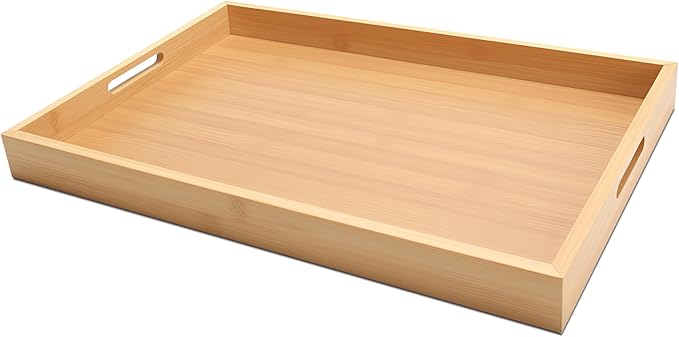 Serving Tray with Handles, 17"x12.5"x1.5" Large Bamboo Serving Tray for Ottoman, Decor Tray for Breakfast, Living Room, Drink, Coffee Table