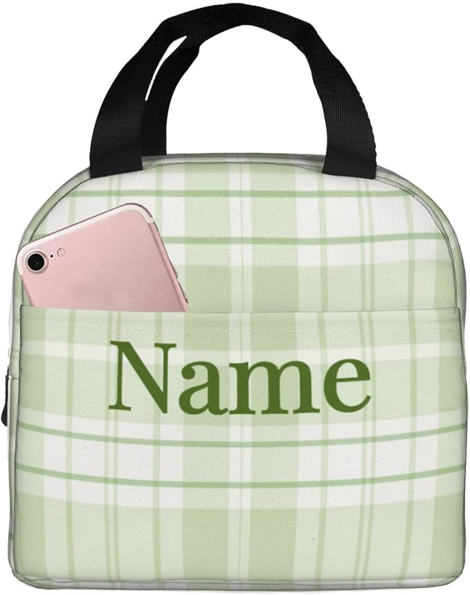 Custom Lunch Bag Pastel Green Buffalo Check Plaid Personalized Insulated Lunch Box with Name Reusable Cooler Tote for Adults Student Girl Boy Work Office School Picnic Over 3 Years Old
