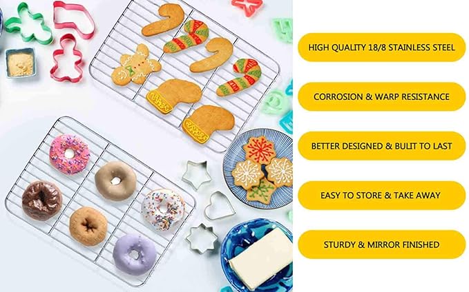 TeamFar Baking Rack, Stainless Steel Cooling Roasting Rack for Toaster Oven Pan, Healthy & Non Toxic, Sturdy & Rust Free, Oven & Dishwasher Safe - Set of 3 (9.7’’ ×7¼’’)