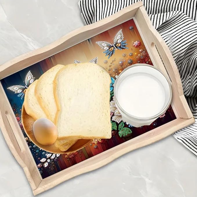 DIY Diamond Serving Tray Diamond Art Painting Creative Design Handmade Wooden Tray Dinner Plate for Coffee Breakfast Home Organizer-Butterfly Flower01