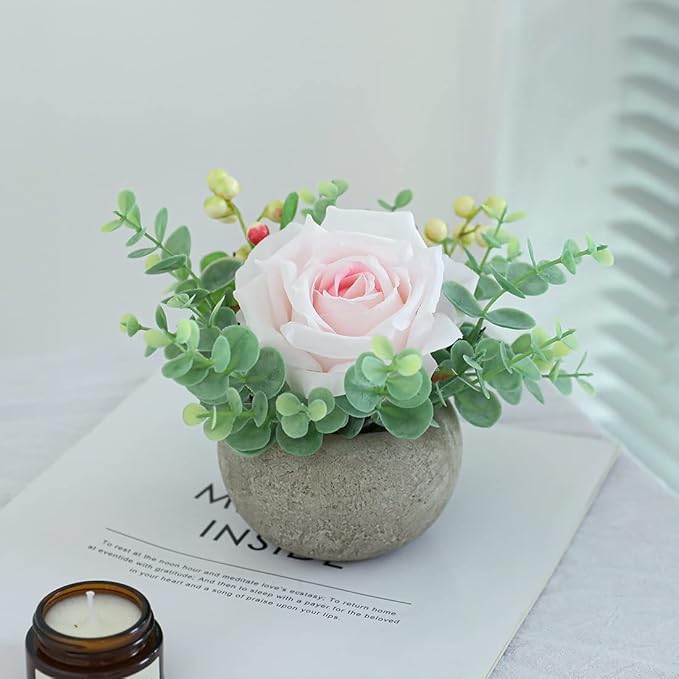 Small Artificial Light Pink Rose Potted Plant, 6" Fake Silk Flowers in 3.5" Round Pot, Mini Faux Floral Arrangement for Desk Shelf Bathroom Decor