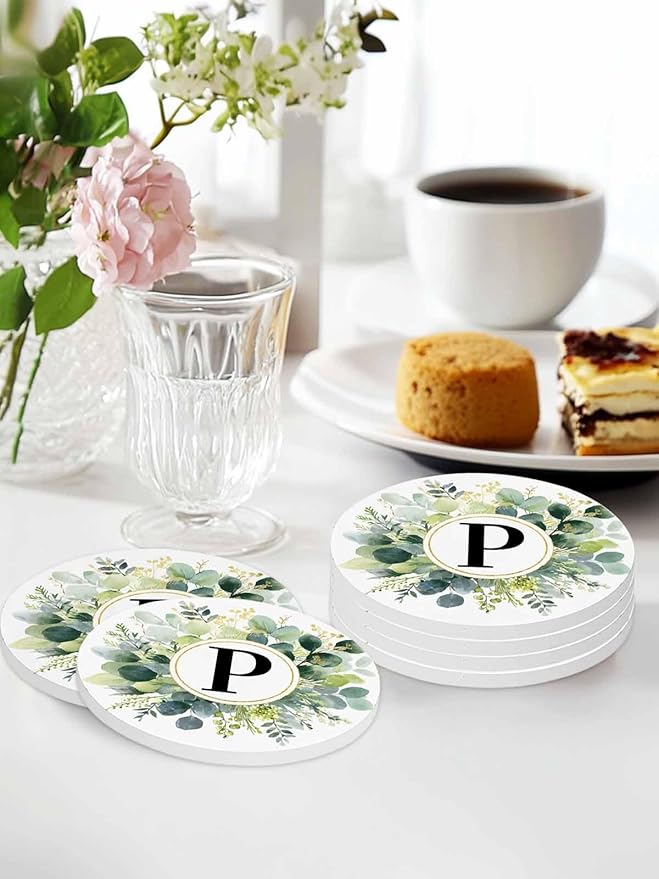 Coasters Set of 6 Letter P Drink Coasters with Holder Absorbent Stone Ceramic Cup Mat Alphabet Green Eucalyptus Leaves Coaster for Drinks Coffee Bar Office Kitchen Cafe Home Decor