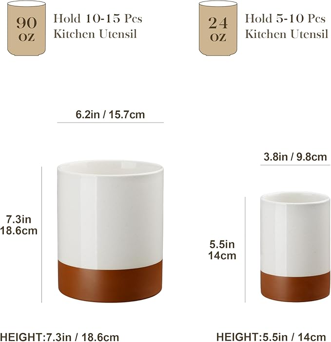 MALACASA Utensil Holder, 7.3"+5.5" Ceramic Kitchen Utensil Holder for Countertop, Large Cooking Utensil Crocks for Kitchen Counter, Farmhouse Utensils Organizer, Set of 2, Khaki White, Series TARA