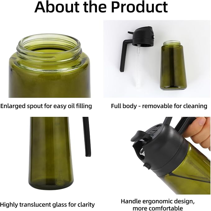 Aovdy Olive Oil Sprayer for Cooking, 2 In 1 Glass Oil Dispenser 16oz- 470ml Premium Spray Bottle for Kitchen Gadgets and Air Fryer Accessories, Salad, BBQ - Dark Green