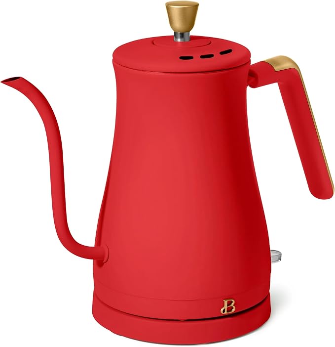 Electric Gooseneck Kettle 1 Liter 1200W Fast Boil with Precision Pour Spout, Stainless Steel Interior, Auto Shut-Off & 360° Swivel Base (Tomato Red)