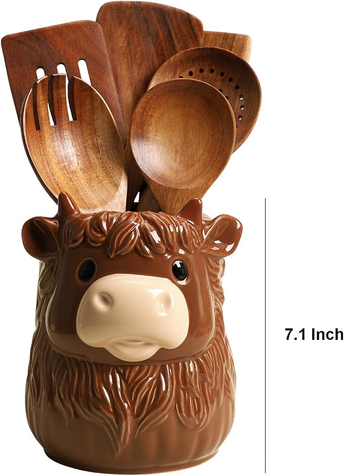 Ceramic Highland Cattle Kitchen Utensil Holder, Large Cooking Utensil Crocks for Countertop, Utensil Organizer