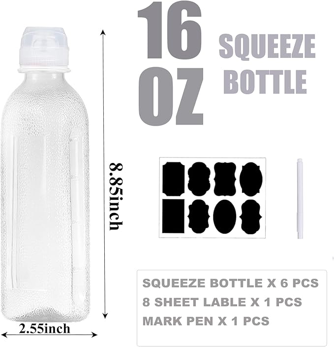 WAYDA Condiment Squeeze Bottles,6 Pack Squeeze Bottles for Sauces, Ketchup Salad Dressing Container, 17oz Plastic Bottles with Squeeze Top for Liquids, BBQ Sauce, Oil