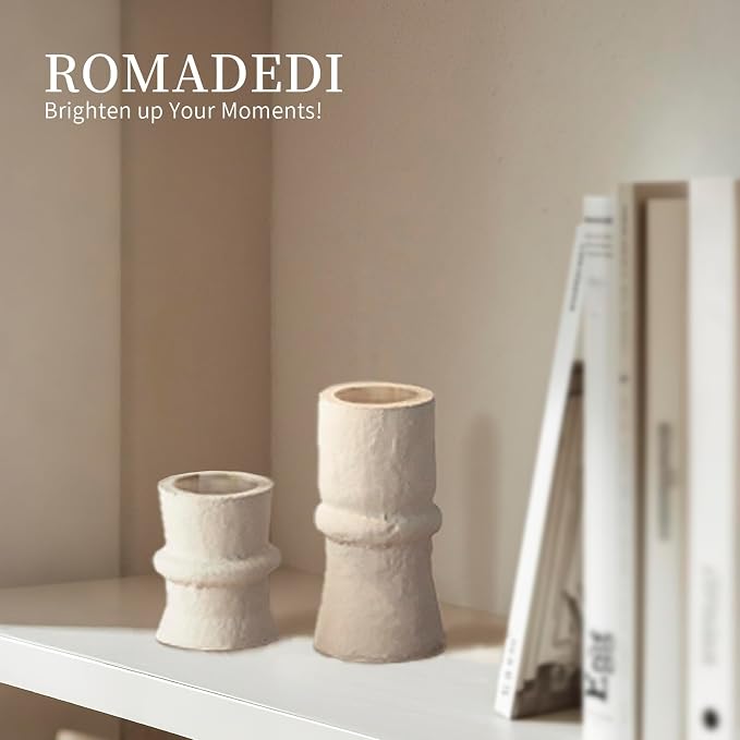 Romadedi Candlestick Holders Boho Decor: Taper Candle Holders Paper Mache for Living Room Modern Decorations White Candle Stick Dining Table Centerpiece Fireplace Home Decoration Beige
