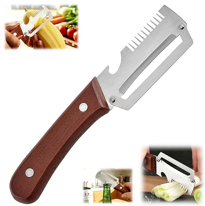 Multifunctional Vegetable Peeler，With wooden handle & bottle opener and grater 3 in 1 kitchen gadgets for potatoes pumpkinsp garlic sugarcane pineapples carrots and other vegetables or fruits (1pcs)