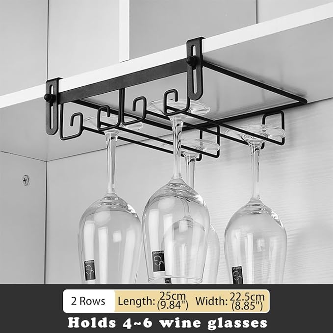 CAKERS Creative Wine Glass Holder|Under Cabinet Iron Art Stemware Rack|Hanging Wine Glass Drying Holder For Kitchen Bar Restaurant,Black,2 Rows
