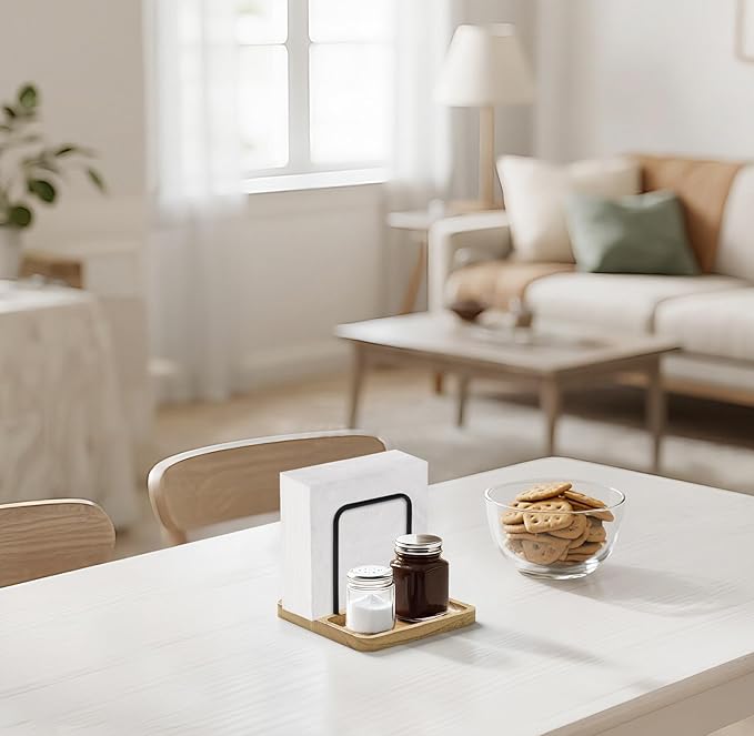 Mkono Napkin Holder for Table Farmhouse Black Wooden Napkin Dispenser Rustic Paper Napkin Storage for Kitchen Dining Room Coffee Bar (Salt and Pepper Shakers not Included) (Nature)