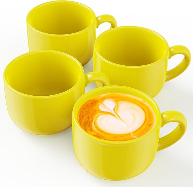 Omniware Teaz Cafe 24oz Jumbo Mug, Set of 4 - Rustic Stoneware, Oversized Handle, Dishwasher Safe, Lead-Free Glaze - Vintage-Inspired Farmhouse Cup for Coffee, Tea, Soup (Yellow)