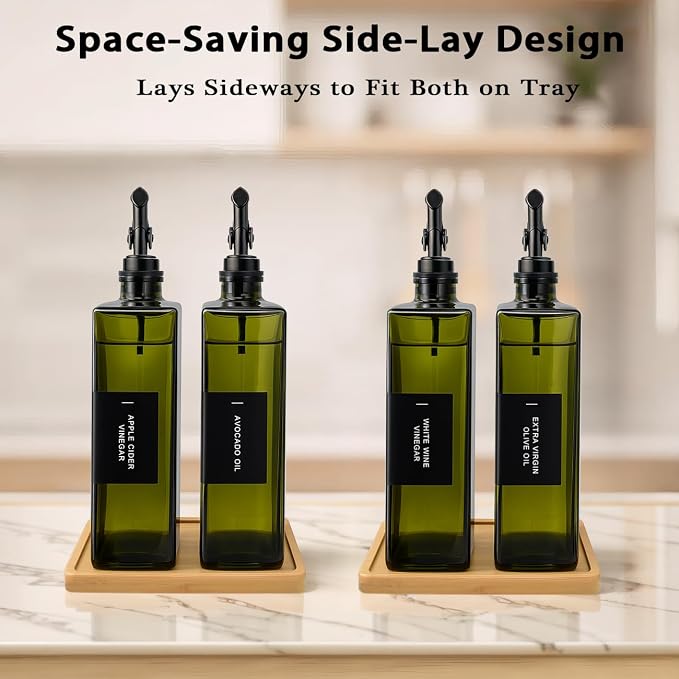 Olive Oil Dispenser Bottle for Kitchen with Bamboo Tray- 16.9oz Glass Oil and Vinegar Dispenser Set, Soy Sauce & Syrup Bottle, Modern Hostess Gift (Green, Set of 2)