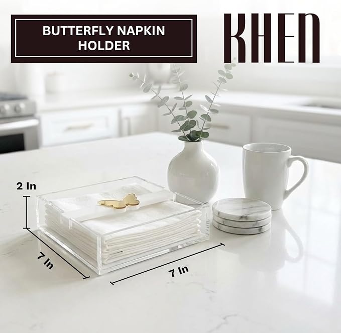 Butterfly Napkin Holder, Single Piece, Clear White Acrylic Square Paper Dispenser for Kitchen Countertop Dining Table Serving Tray, Modern Home Decor Organizer Gift Parties and Everyday Use
