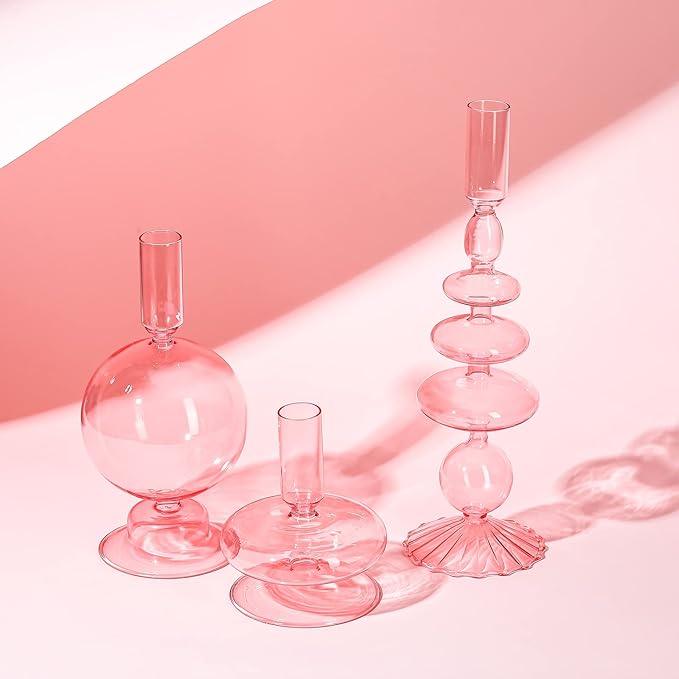Rtteri 3 Pcs Glass Candlestick Holders Glass Candle Holders Groovy Wavy Elegant Taper Candle Stick for Wedding Home Birthday Party Easter St Patricks Day Decoration Windowsill Decor(Pink)