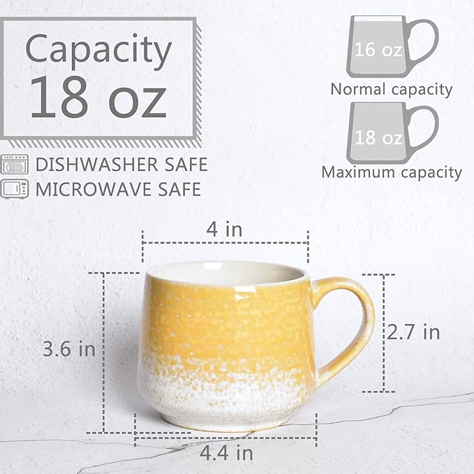 Bosmarlin Large Ceramic Wide Coffee Latte Mug Set of 2, 18 Oz, Yellow Big Stoneware Tea Cup for Office and Home, Dishwasher and Microwave Safe (Yellow, 2)