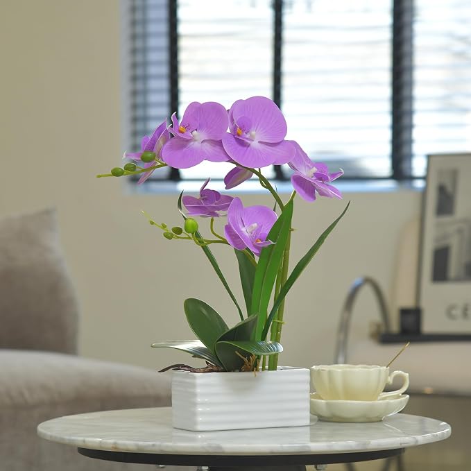 Artificial Real Touch Orchid Flowers in Pot Fake Phalaenopsis Flower with White Ceramic Vase Faux Orchids Arrangement for Home Table Office Wedding Party Decoration (Purple)