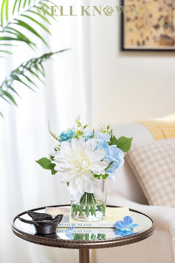 WELL KNOWN Artificial Flowers in Glass Vase with Fake Water, Silk Rose Dahlia Peony Flower Bouquet for Home Dining Coffee Table Office Hotel Wedding Party Lavatory Decor & Birthday Gift (Blue & White)