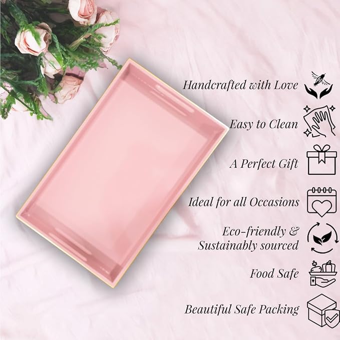 Handcrafted Wooden Serving Tray | Tray with Handle for Snacks, Tea, Kitchen, Coffee Table, Dining | High Gloss Finish with Gold Trim |12.25 x 7.75 x 1.5 inches (Baby Pink)