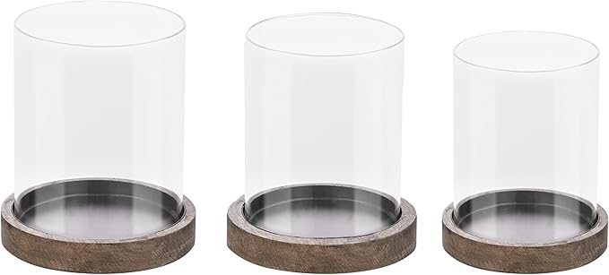 Set of 3 Glass Hurricane Candle Holders for Pillars with Vintage Natural Solid Wood Bases Crafted from Pine, Farmhouse Candlestick Holder, Centerpieces for Home, Garden, Table, Mantel, Wedding, Party