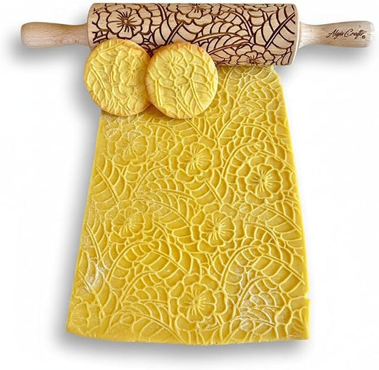 DOILY Embossing Rolling Pin with Flowers Pattern. Dough and Clay Roller for Embossed Cookies and Pottery. Cookie and Ceramic Stamp. Backing Gifts for Women by Algis Crafts