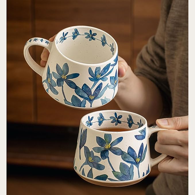 Elegant Floral Ceramic Mug ，Blue Flower Design mug with Handle, Unique Watercolor Flower Design Tea Mug for Home & Office，Microwave safety (Blue 2 Set)