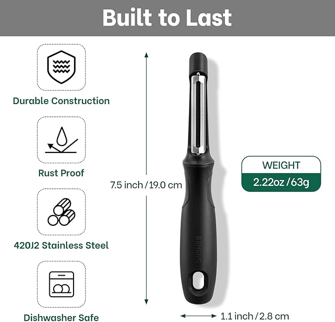Beneno Swivel Vegetable Peeler, Razor-Sharp Smooth Peeling Potato Peelers with Stainless Steel Blades, Ergonomic Comfort Non-Slip Rubber Handle, Kitchen Peelers with Potato Eye Remover (2, Black)