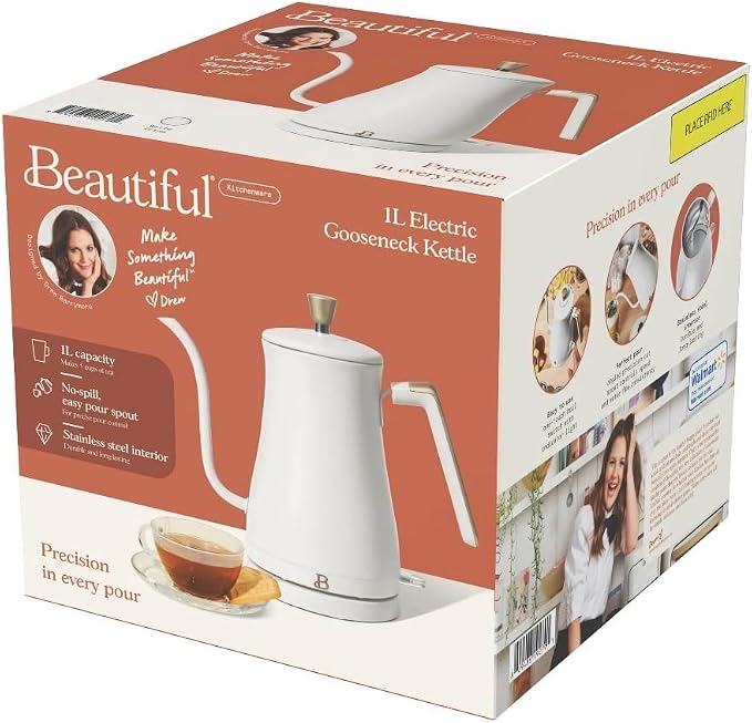 Beautiful Electric Gooseneck Kettle, 1 Liter, 1200W, Stainless Steel Interior, Fast Boil, Precision Pour Spout, Auto Shut-Off & Boil-Dry Protection (White)
