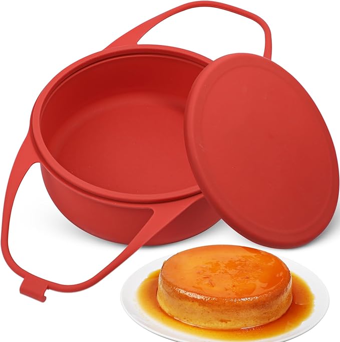 KOLUTI Nonstick Silicone Flan Mold with Lid and Handle, 1.0 QT Flanera Baking Pan Flan Maker Container,7.0 x 7.0 x 2.6 Inches Molde Para Flan Oven Safe, BPA Free