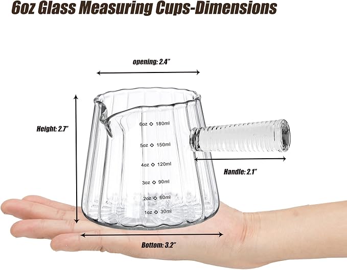 FANTESTICRYAN 6OZ Measuring Cup, Ribbed Borosilicate Glass Espresso Cup, V-Shaped Spout Drain Espresso Double Shots, Coffee Milk Tea Accessories (Clear, Glass Handle)