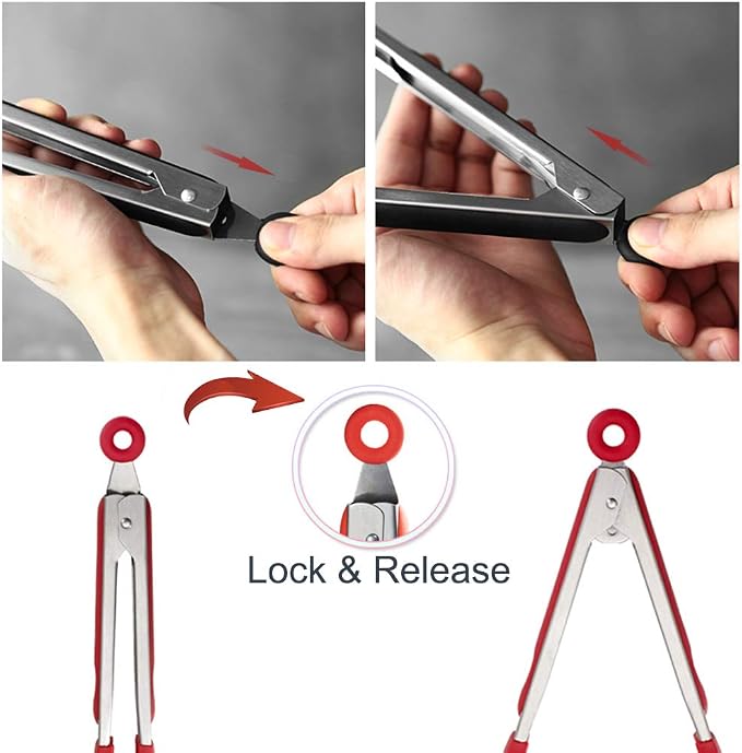 Cooking Tongs 9 inches and 12 inches Stainless Steel Kitchen Silicone Serving Tong Heat Resistant Meat Turner Spatula Tong Fish Tongs with Locking Handle Joint (Red)