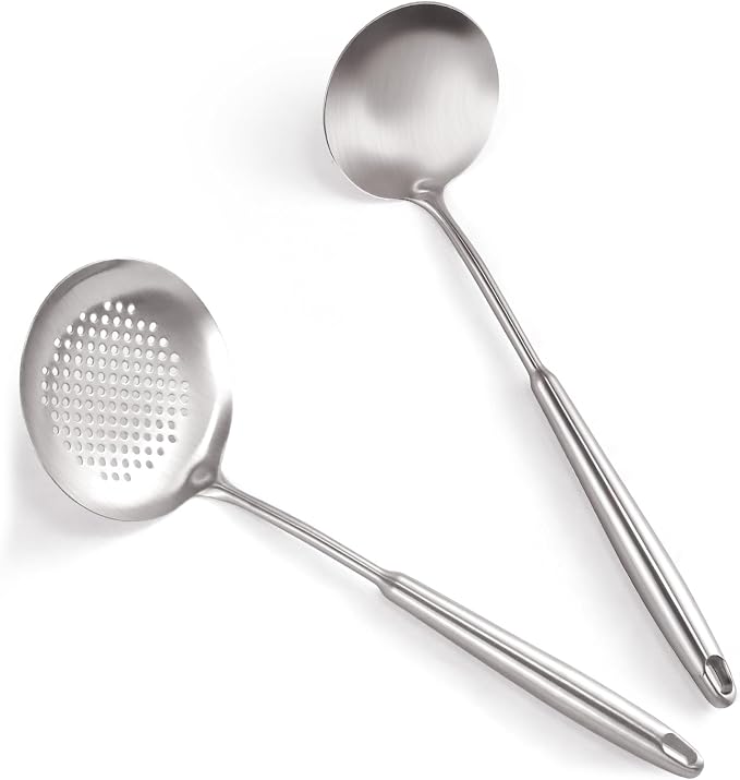 2PCS 18/10 Stainless Steel Ladle and Slotted Spoon, Soup Ladle and Strainer Spoons, Wok Utensils for Cooking, Stirring, Soup, Sauce, Dishwasher Safe