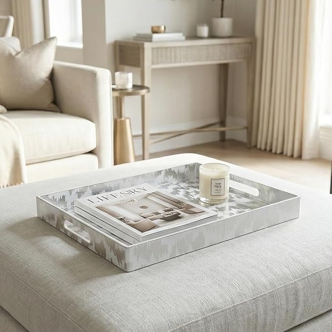 White & Silver Glitter Abstract Serving Tray with Handles, 15.8”x11.7”x1.6” Rectangular Decor Tray – Multipurpose for Breakfast in Bed, Bathroom Vanity, Living Room & Entertaining
