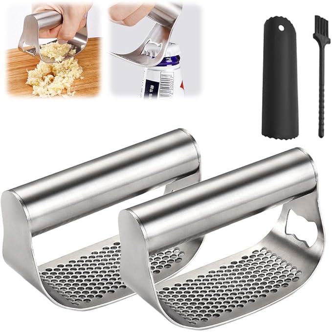Garlic Press Garlic Presser,2026 Stainless Steel Garlic Presser Bottle Opener Mincer Crusher with Peeler and Cleaning Brush,Multifunctional Kitchen Gadget Garlic Mincer for Woman (B/2PCS)