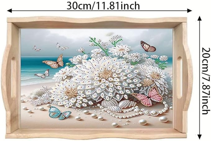 DIY Diamond Serving Tray Diamond Art Painting Creative Design Handmade Wooden Tray Dinner Plate for Coffee Breakfast Home Organizer-Beach Flowers