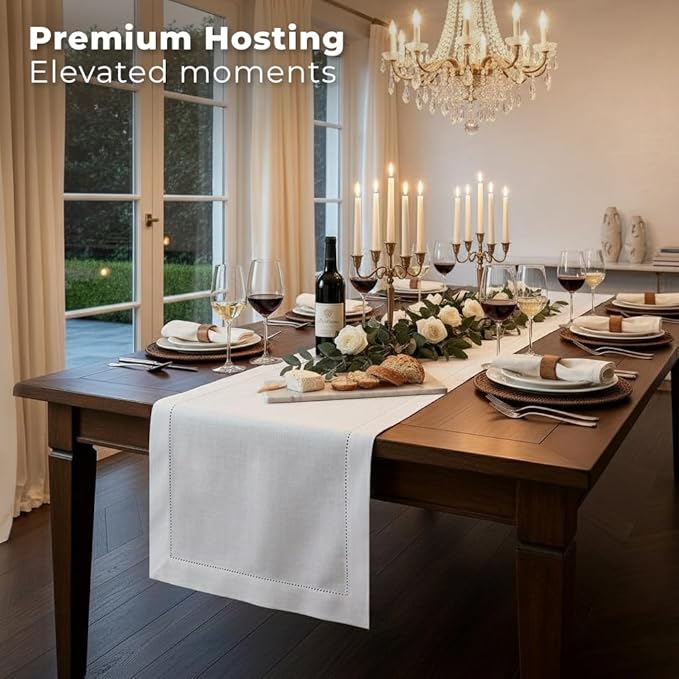 Signature Linen™ by D'Moksha White Table Runner 120 Inches Long, 100% Pure Linen, Hemstitch, 14 x 120 Inch Table Runner for Dresser, Dining- Summer, Father's & Independence Day