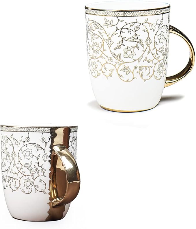 Femora Ceramic Coffee Mugs Indian Golden Disign Set of 2, 10 oz, Cappuccino Cups, Porcelain Tea Set, Latte Cups, Espresso Mugs