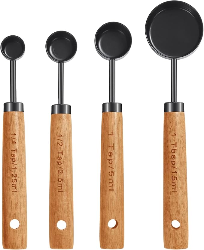 GuDoQi 8Pcs Measuring Cups and Spoons Set, Wooden Handle, Premium Stainless Steel with Metric & US Measurements, Nesting for Dry/Liquid Kitchen/Food/Baking, Black