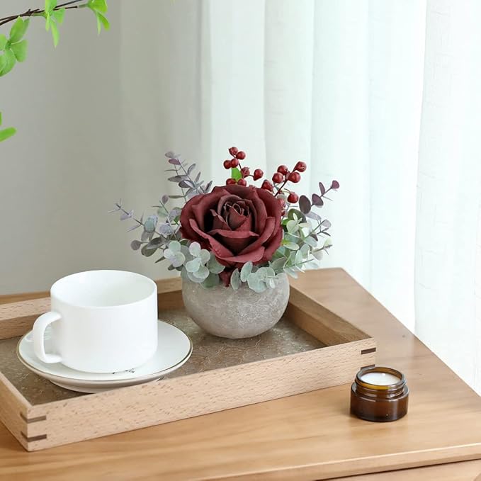 Small Artificial Burgundy Rose Potted Plant, 6" Fake Silk Flowers in 3.5" Round Pot, Mini Faux Floral Arrangement for Desk Shelf Bathroom Decor