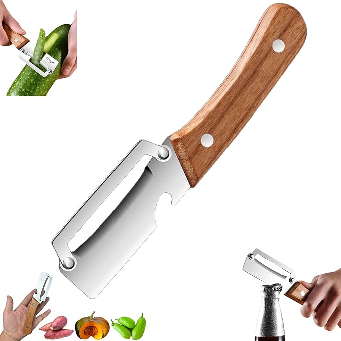 Premium Vegetable Peeler with Wooden Handle and Bottle Opener, Multi Functional Vegetable Peeler for Kitchen, Stainless Steel Blade Kitchen Tool for Vegetables or Fruits That Need to Be Peeled(1PCS)