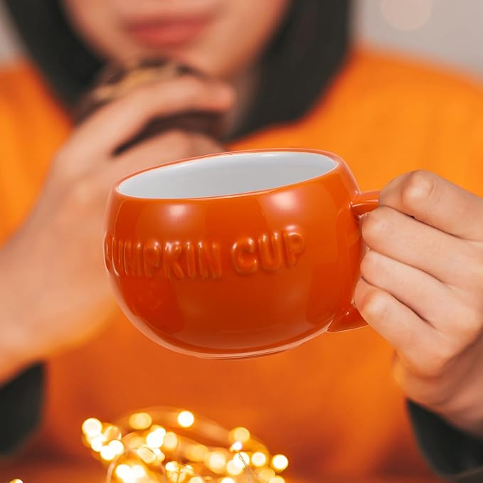 DOITOOL Halloween Pumpkin Mugs Set of 2 Ceramic Coffee Cups with Handle 5.31 Inch Pumpkin Shape Mugs for Coffee Milk and Hot Drinks