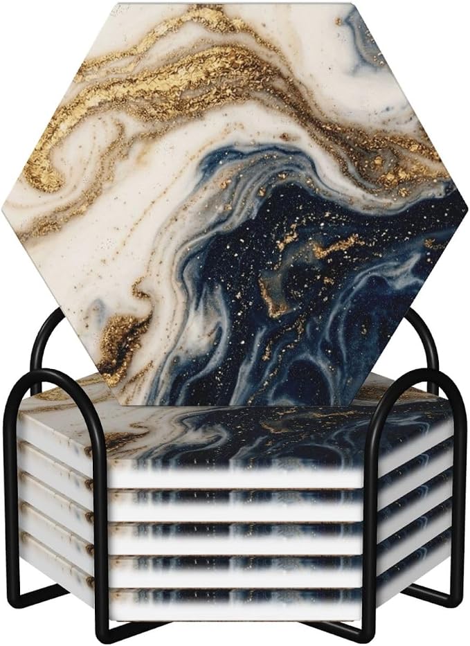 Modern Blue Beige Gold Marble Set of 6 Drinks Ceramic Coasters with Holder Funny Absorbent Cup Coasters with Cork Desk Table Protection Coffee Table Decor