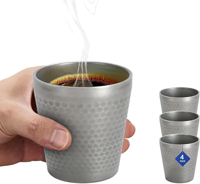 Stainless Steel Espresso Cup-4pcs Set,Double Wall Insulated Metal Demitasse Cups, 6 oz (175ml),Mini Coffee Cup for Beverages, Diamond Pattern Anti-Slip and Scalding.