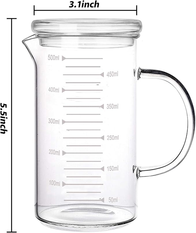 500ml Glass Measuring Cup with Lid Heat Resistant Handle Measured Mixing Glass Mug Clear Scale V-Shaped Spout for Milk Coffee Liquid Beaker Drinking Glasses Measure Jugs, Microwave Oven Freezer Safe