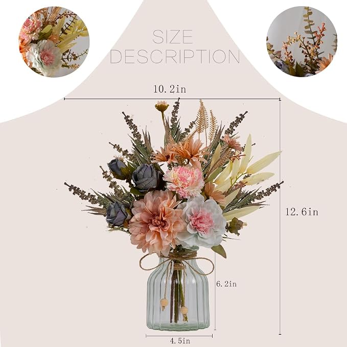 LESING Dahlia Flower Aritificial Flower with Vase Fake Silk Flowers in Glass Vase Faux Rose Flowers Arrangement for Home Office Table Centerpiece Decoration (Pink)